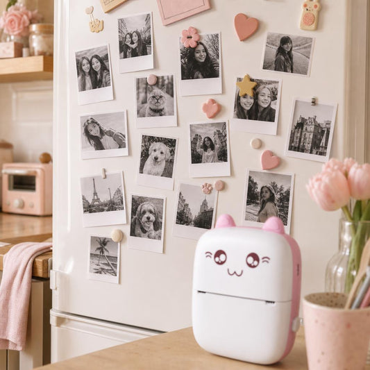 Nevera decorada con fotos impresas de los recuerdos del año