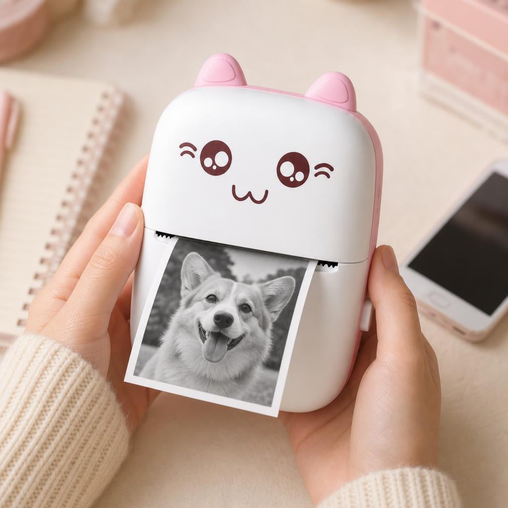 Foto impresa en el momento con la mini impresora para una tarjeta de Navidad