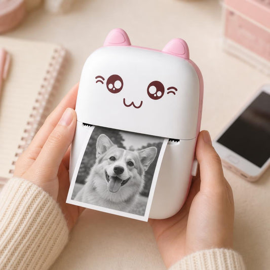 Foto impresa en el momento con la mini impresora para una tarjeta de Navidad